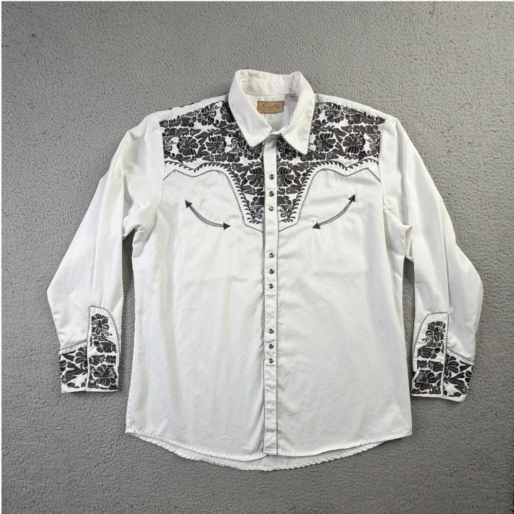Scully Gunfighter Floral Embroidered White Western Pearl Snap Shirt Mens XL